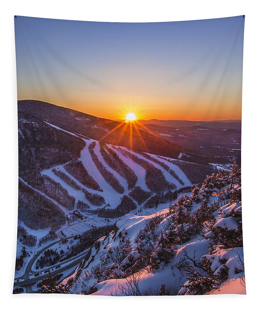 Last Winter Sunset Over Cannon Mountain Tapestry featuring the photograph Last Winter Sunset over Cannon Mountain Vertical by White Mountain Images