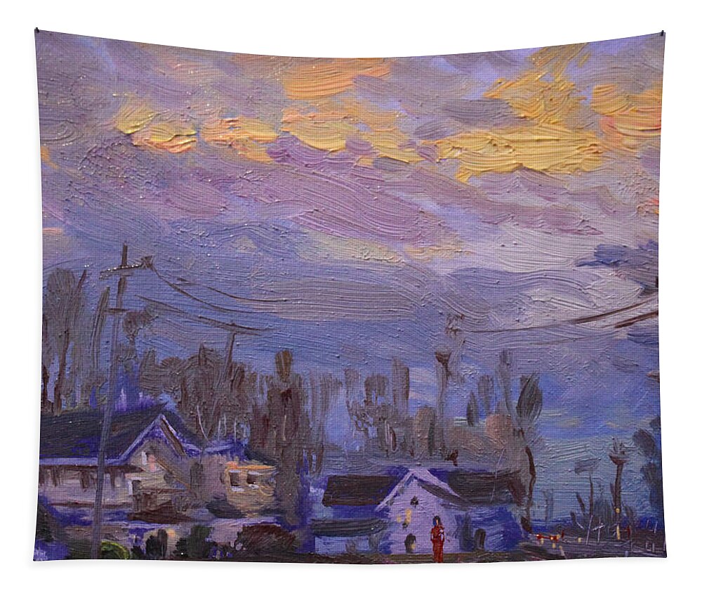 Late Evening Tapestry featuring the painting Late Evening in Town by Ylli Haruni