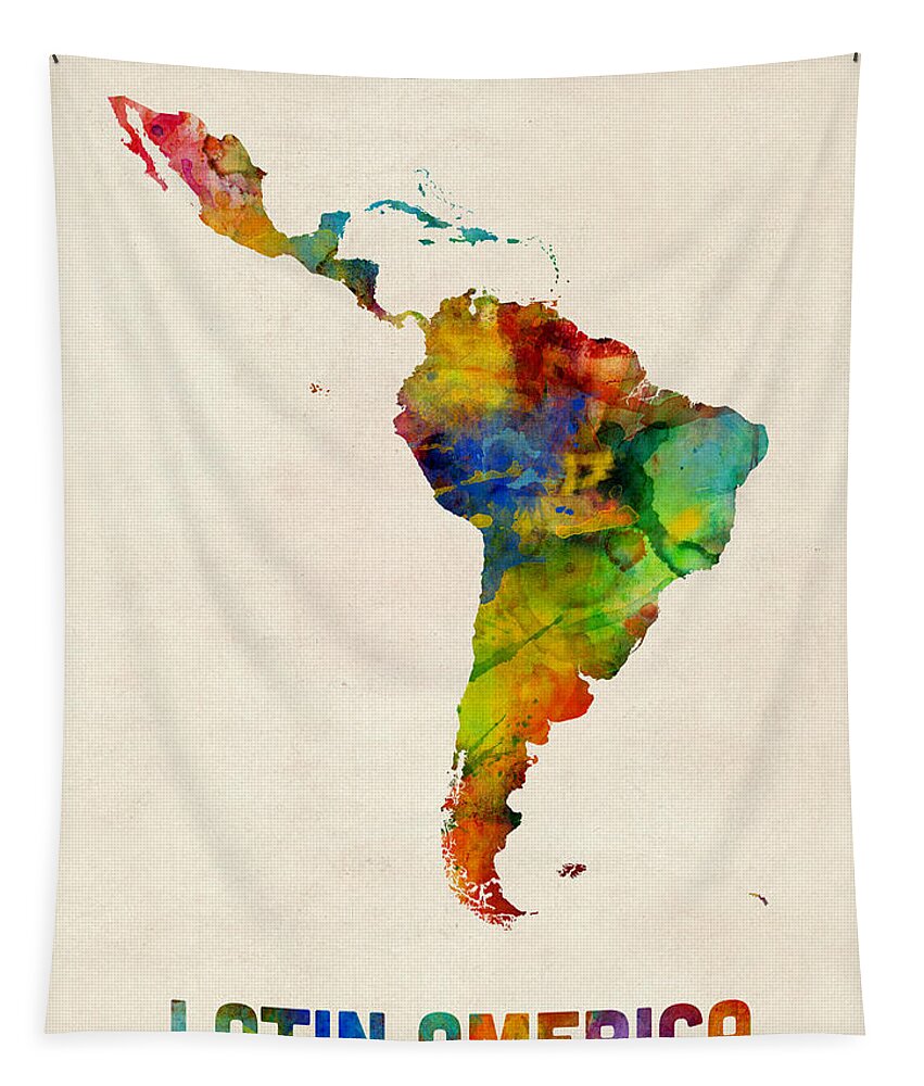 South America Map Tapestry featuring the digital art Latin America Watercolor Map by Michael Tompsett