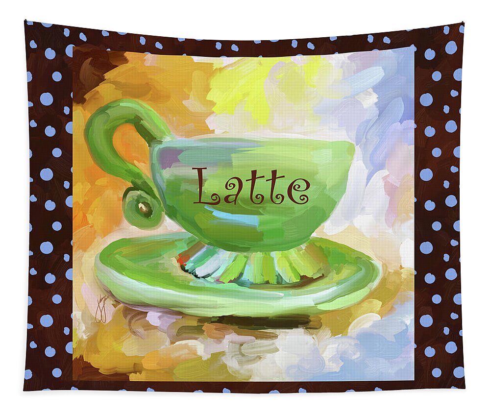 Coffee Tapestry featuring the painting Latte Coffee Cup With Blue Dots by Jai Johnson