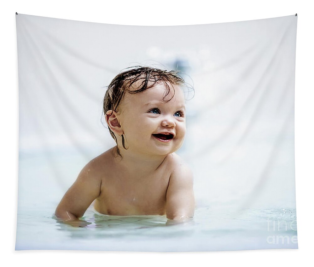 Girl Tapestry featuring the photograph Laughing girl sitting in a shallow pool by Michal Bednarek