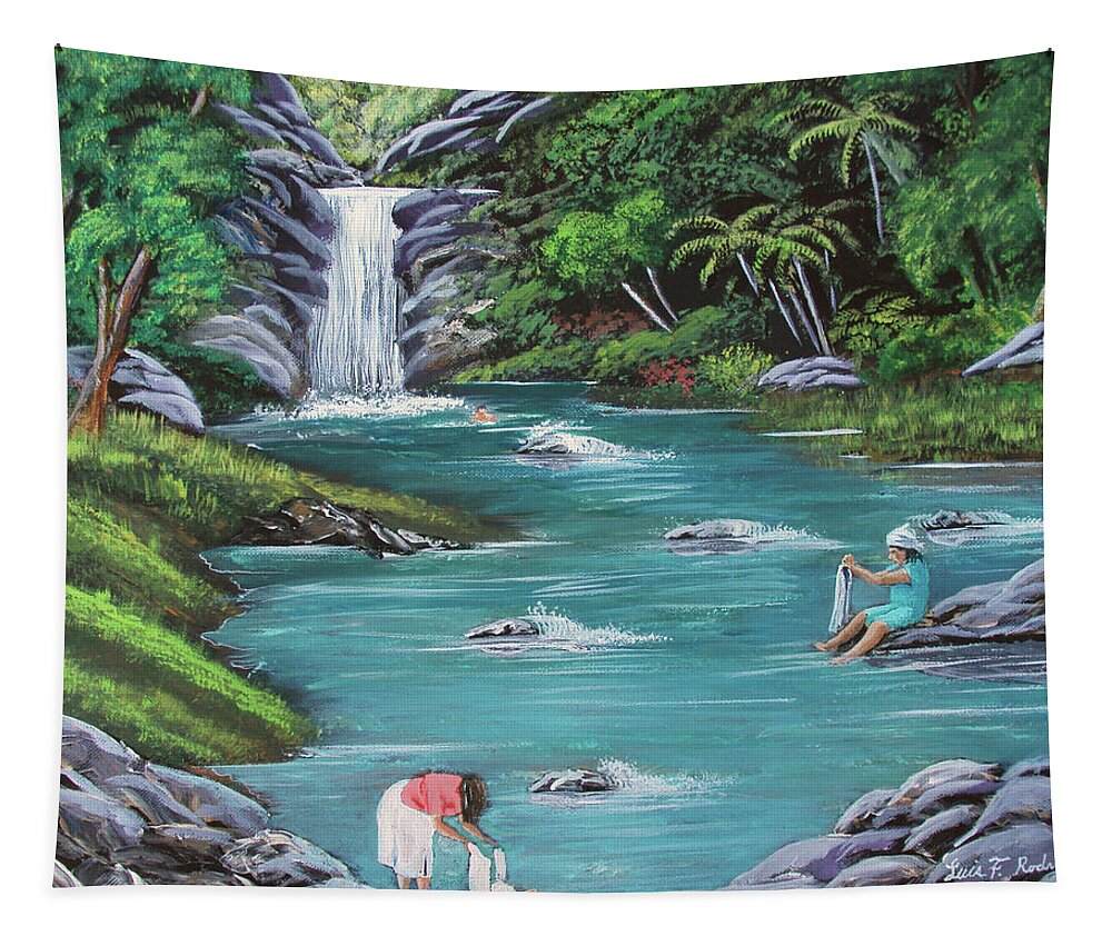 Quebrada Tapestry featuring the painting Lavando Ropa  Washing Clothes by Luis F Rodriguez