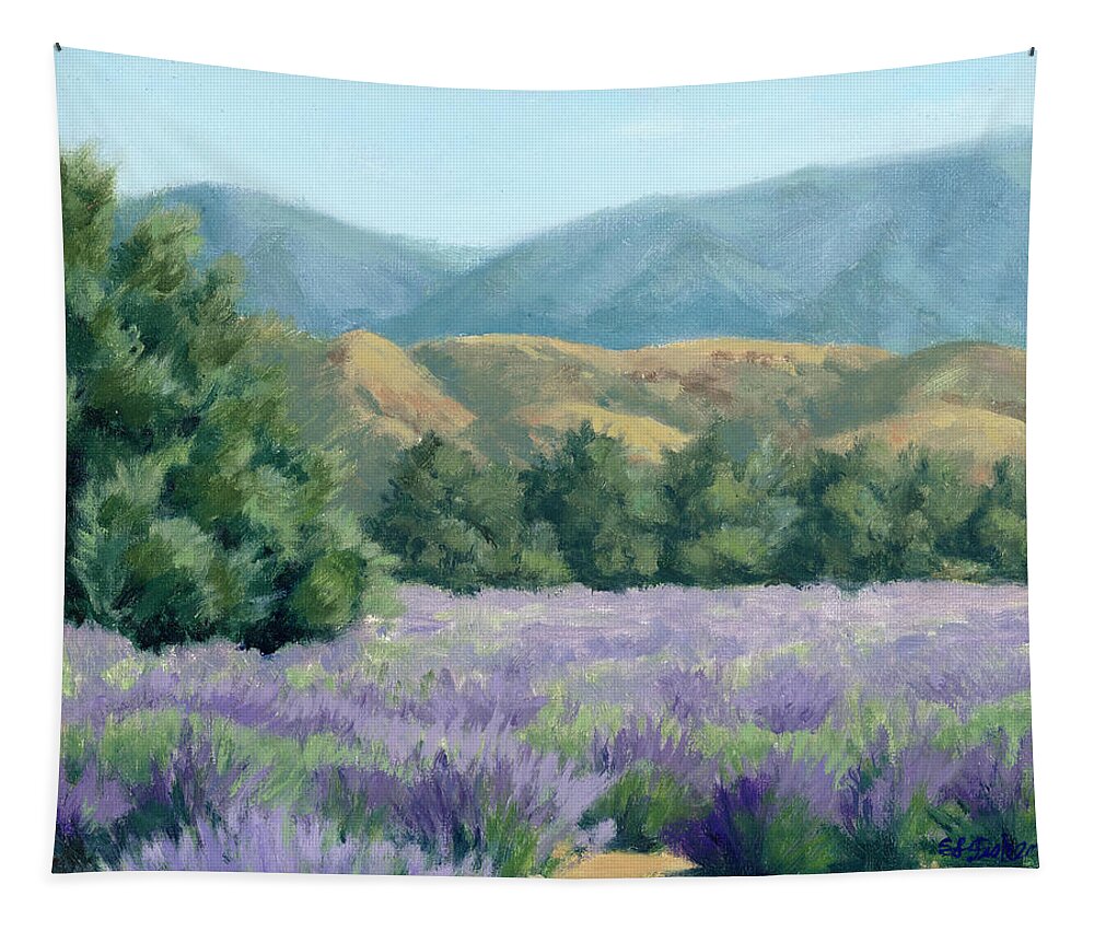 Lavender Fields Tapestry featuring the painting Lavender, Blue and Gold by Sandy Fisher
