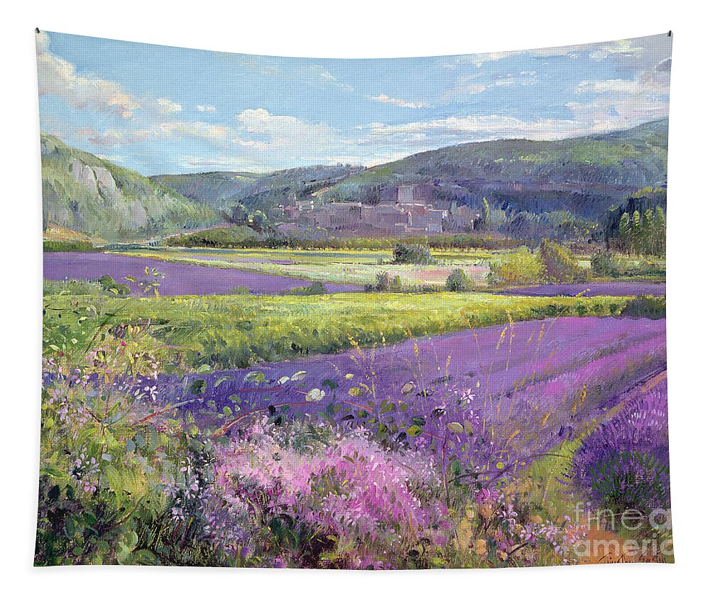 Field; South Of France; French Landscape; Hills; Hill; Landscape; Flower; Flowers Tapestry featuring the painting Lavender Fields in Old Provence by Timothy Easton