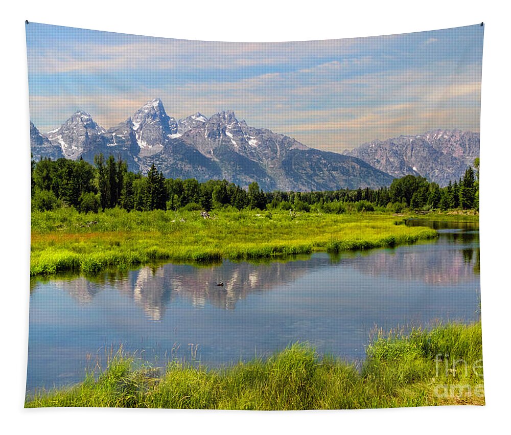 Mount Moran Tapestry featuring the photograph Lavender Teton Peaks by Karen Jorstad