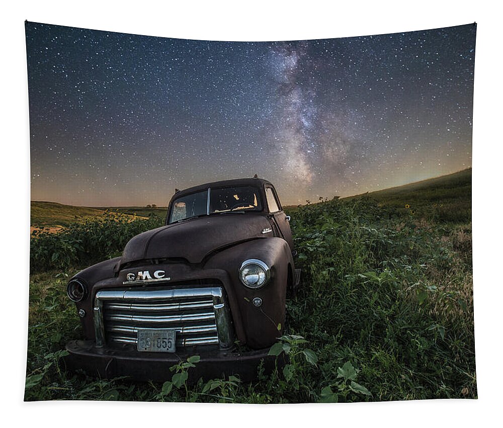 Usa Truck Top Pierre Abandoned Space Decay Rural Farm Forgotten Rust Astronomy Chrome Milky Way Tapestry featuring the photograph Left to Rust by Aaron J Groen