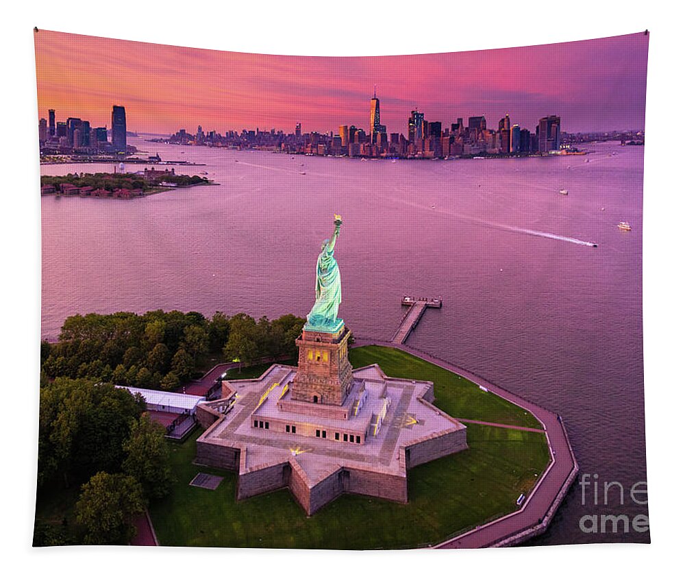 America Tapestry featuring the photograph Liberty Island Twilight by Inge Johnsson