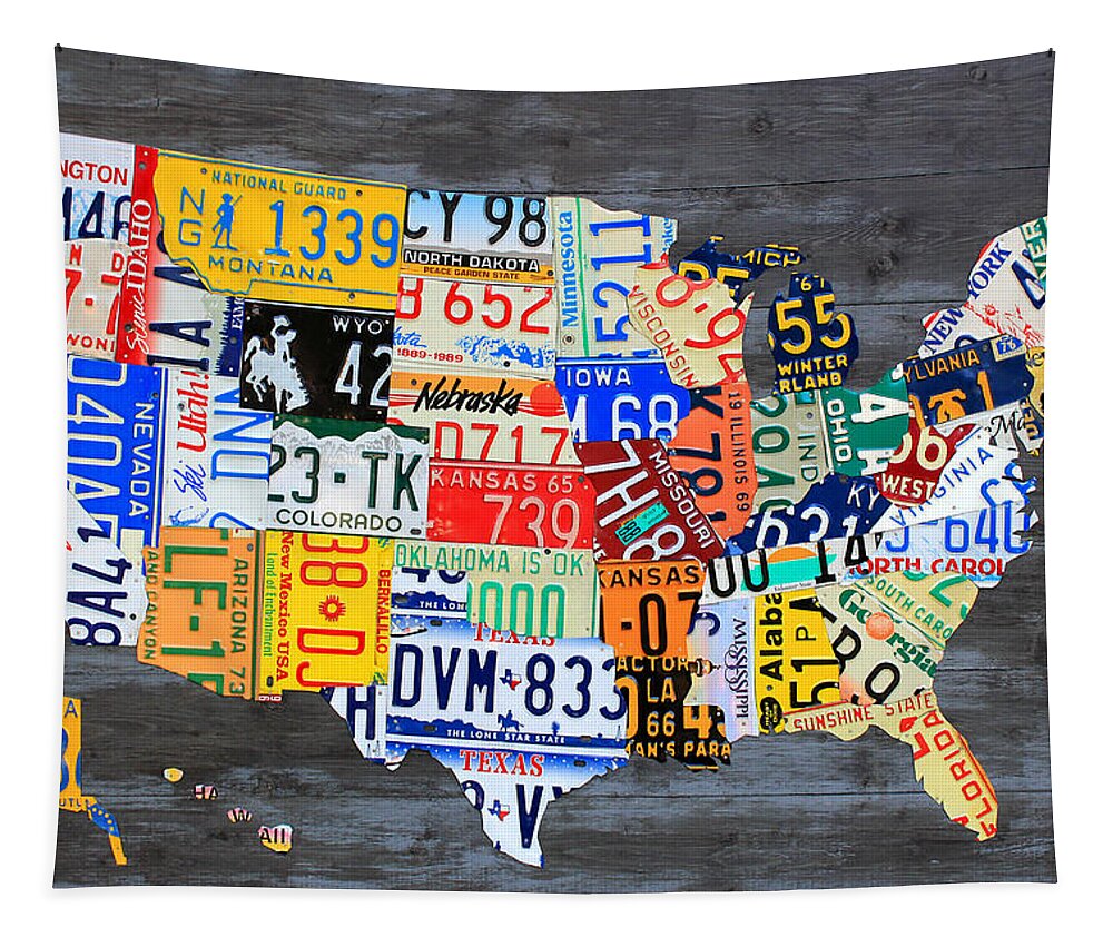 License Plate Map Tapestry featuring the mixed media License Plate Map of the Usa on Gray Distressed Wood Boards by Design Turnpike