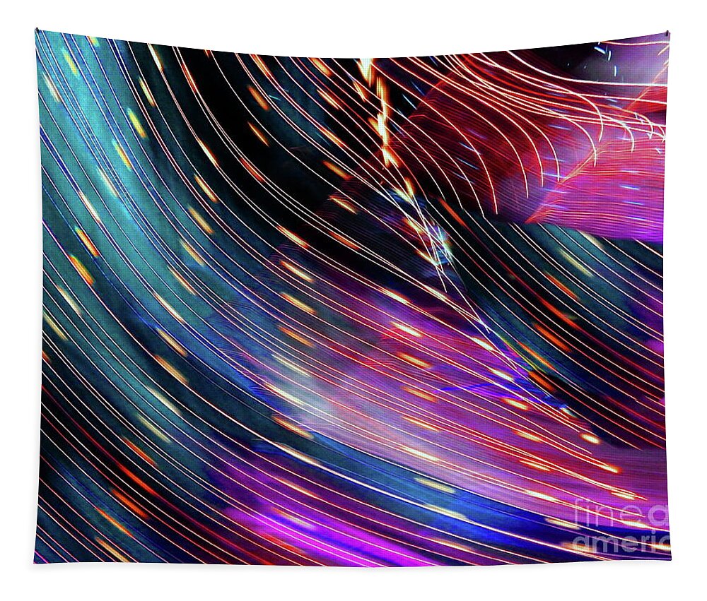 Light Beads Traveling Along Lit Strands Accompanied By Sheets Of Morphing Colors.accented By Darker Contrasting Areas Tapestry featuring the photograph Light harp melody by Priscilla Batzell Expressionist Art Studio Gallery
