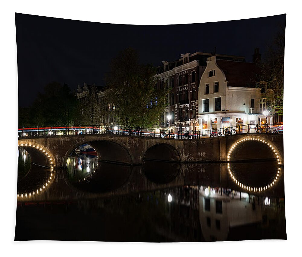 Magical Amsterdam Tapestry featuring the photograph Light Trails and Circles - Reflecting on Magical Amsterdam Canals by Georgia Mizuleva