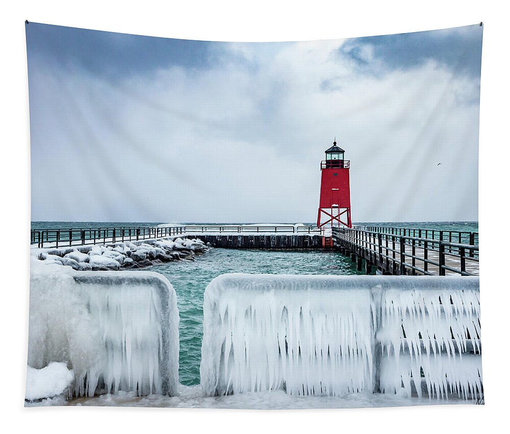  Tapestry featuring the photograph Lighthouse and Ice by Framing Places