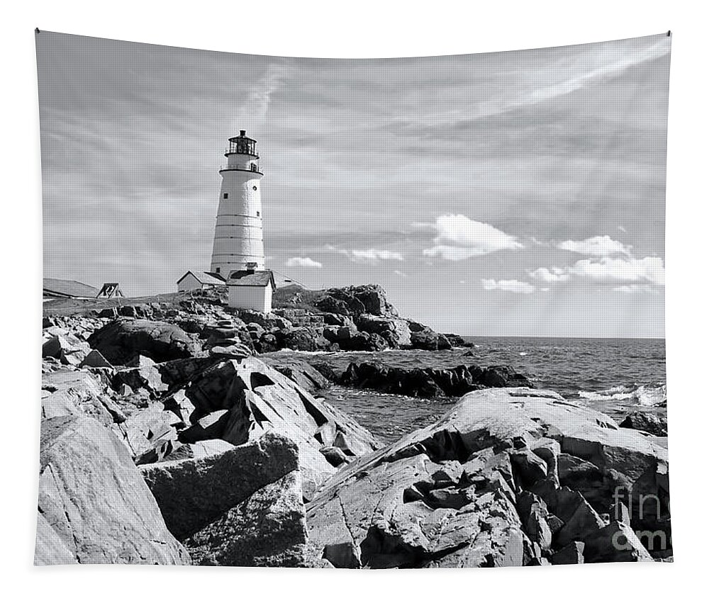 Landscape Tapestry featuring the photograph Lighthouse Seascape in Black and White by Beth Myer Photography