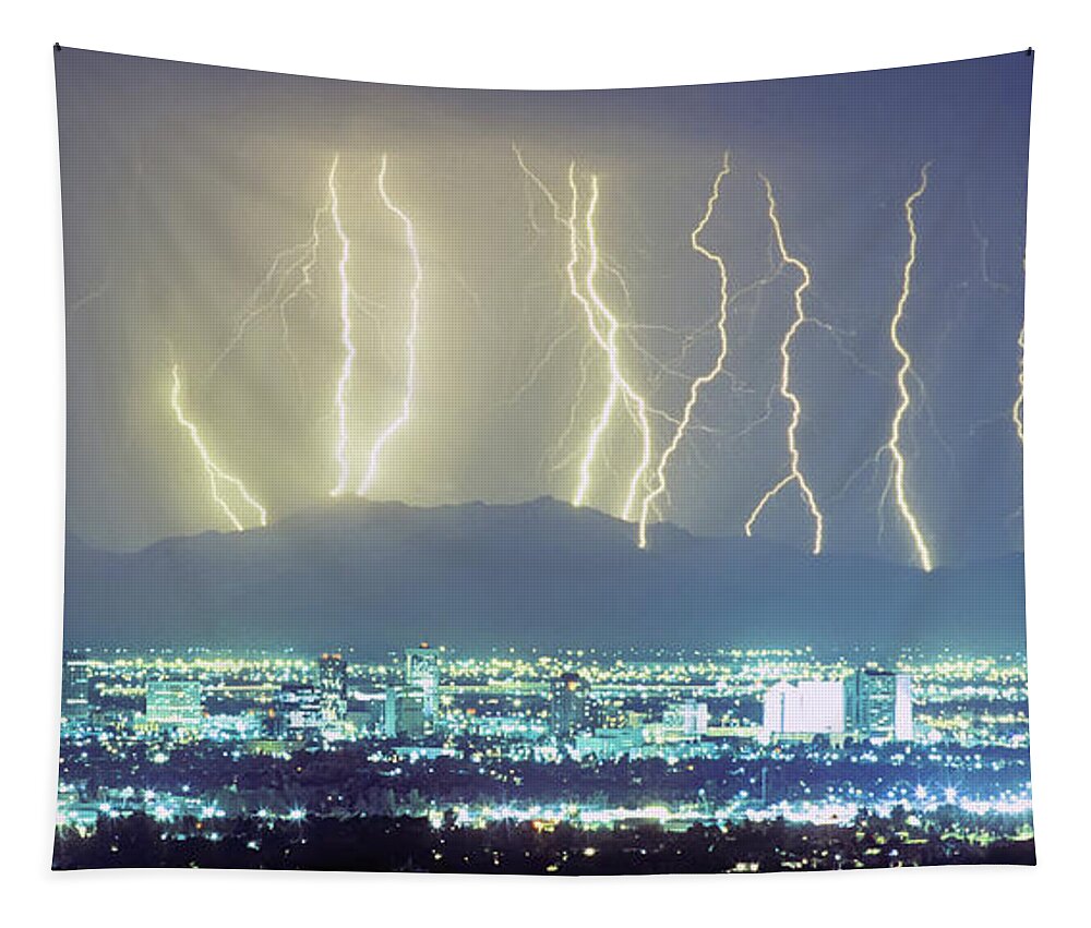 Phoenix Tapestry featuring the photograph Lightning Over Phoenix Arizona Panorama by James BO Insogna