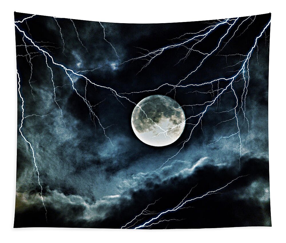 Lightning Sky At Full Moon Tapestry featuring the photograph Lightning Sky at Full Moon by Marianna Mills