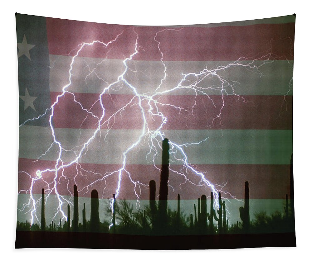 Americano Tapestry featuring the photograph Lightning Storm in the USA Desert Flag Background by James BO Insogna
