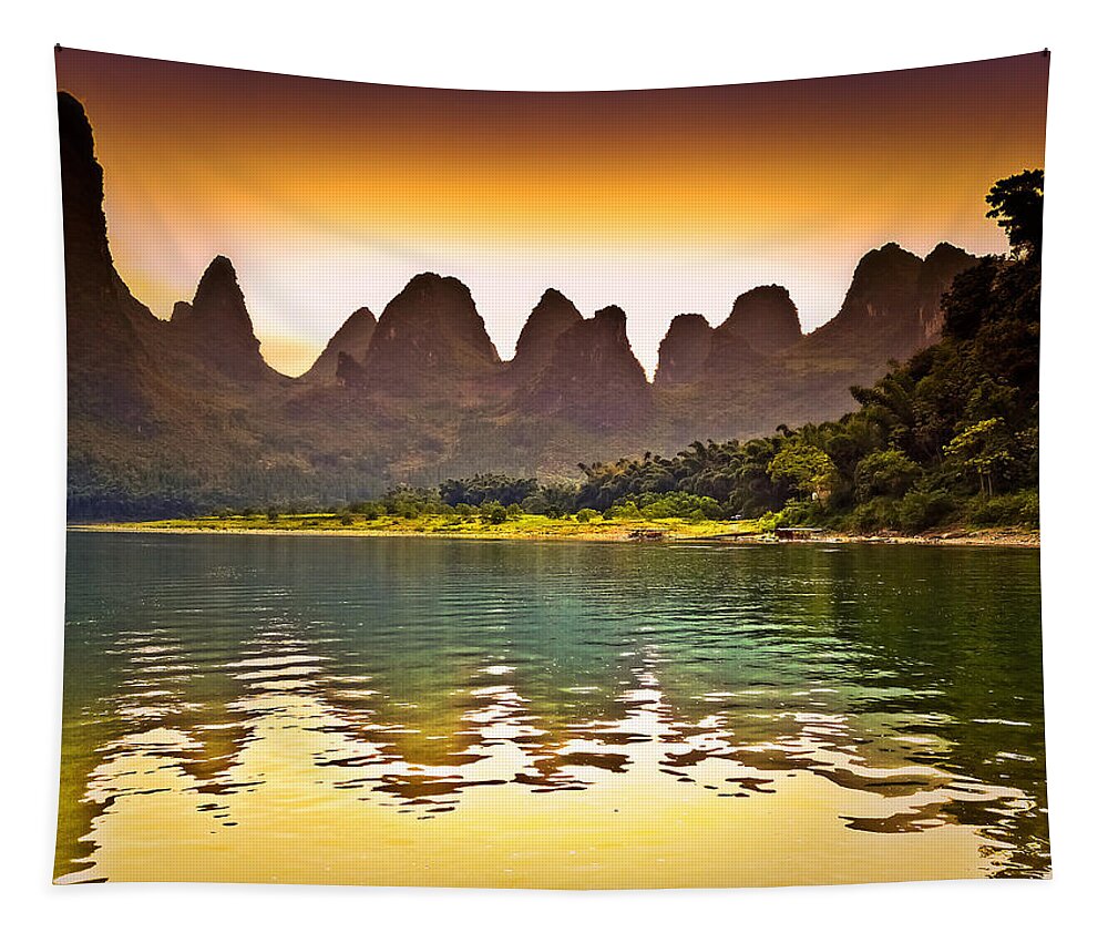 Sunset Tapestry featuring the photograph Like a fairyland sunset-China Guilin scenery Lijiang River in Yangshuo by Artto Pan