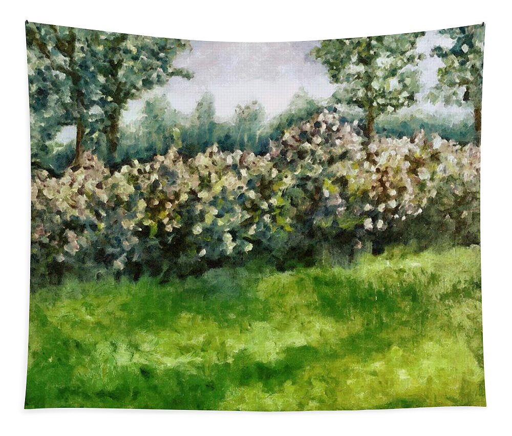 Spring Tapestry featuring the painting Lilac Bushes in Springtime by Michelle Calkins