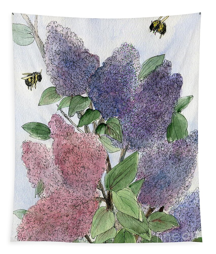 Lilacs Tapestry featuring the painting Lilacs and Bees by Laurie Rohner