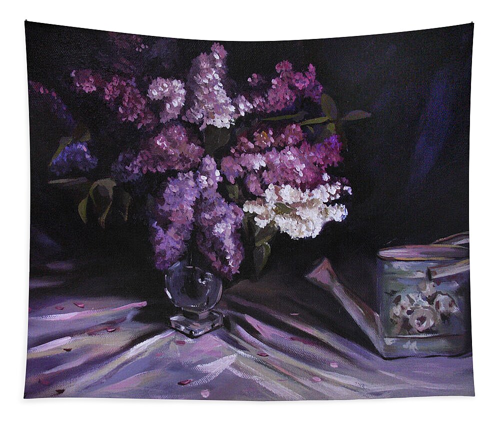 Lilacs Tapestry featuring the painting Lilacs with Watering Can by Nancy Griswold