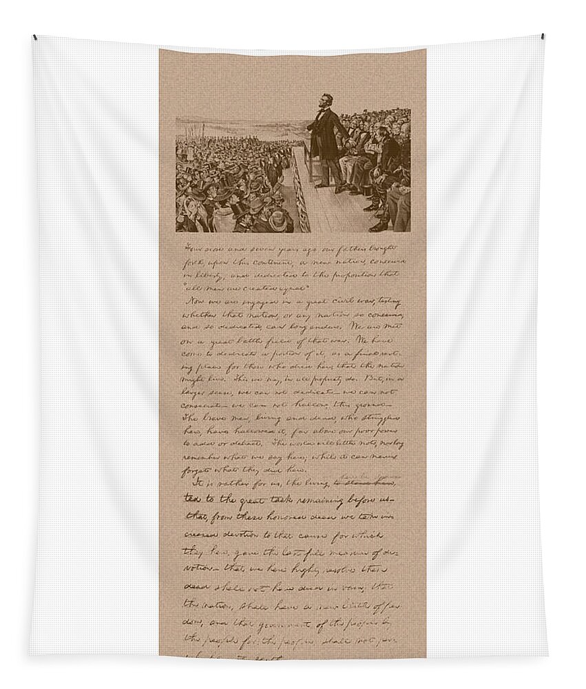 Abraham Lincoln Tapestry featuring the mixed media Lincoln and The Gettysburg Address by War Is Hell Store