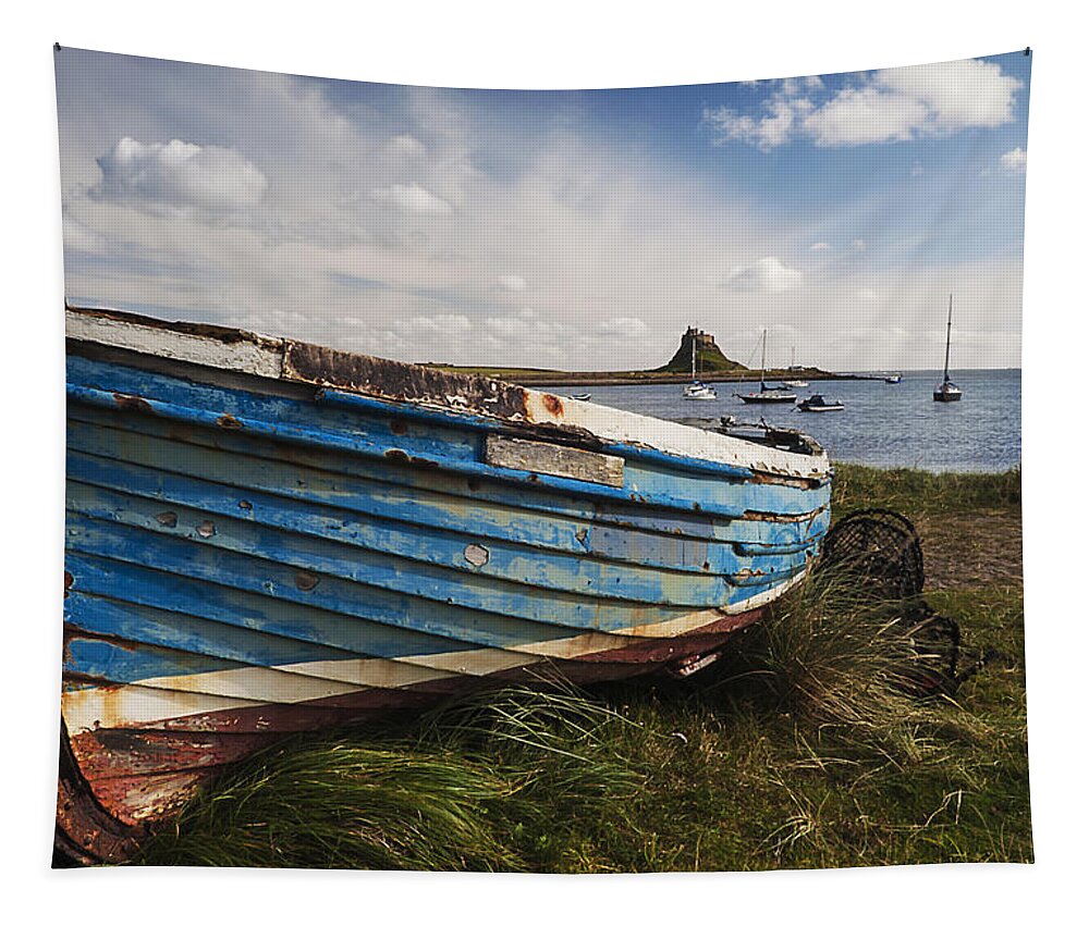 Northumberland Tapestry featuring the photograph Lindisfarne boats - Landscape. by John Paul Cullen