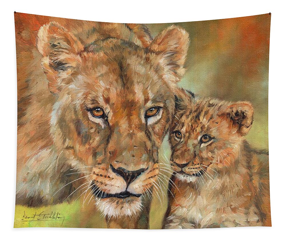 Lion Tapestry featuring the painting Lioness and Cub by David Stribbling