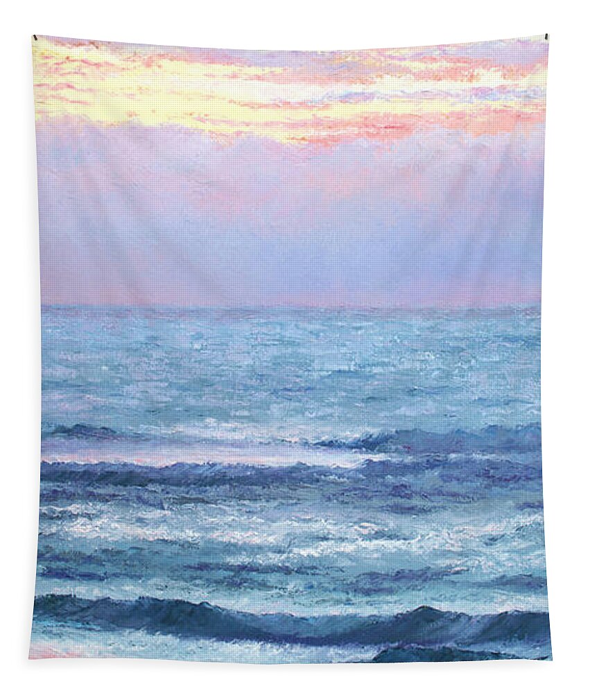 Ocean Tapestry featuring the painting Liquid gold sky over ocean by Jan Matson