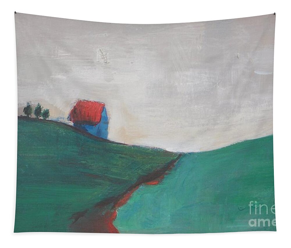 Abstract Landscape Tapestry featuring the painting Little House on the Hill by Vesna Antic