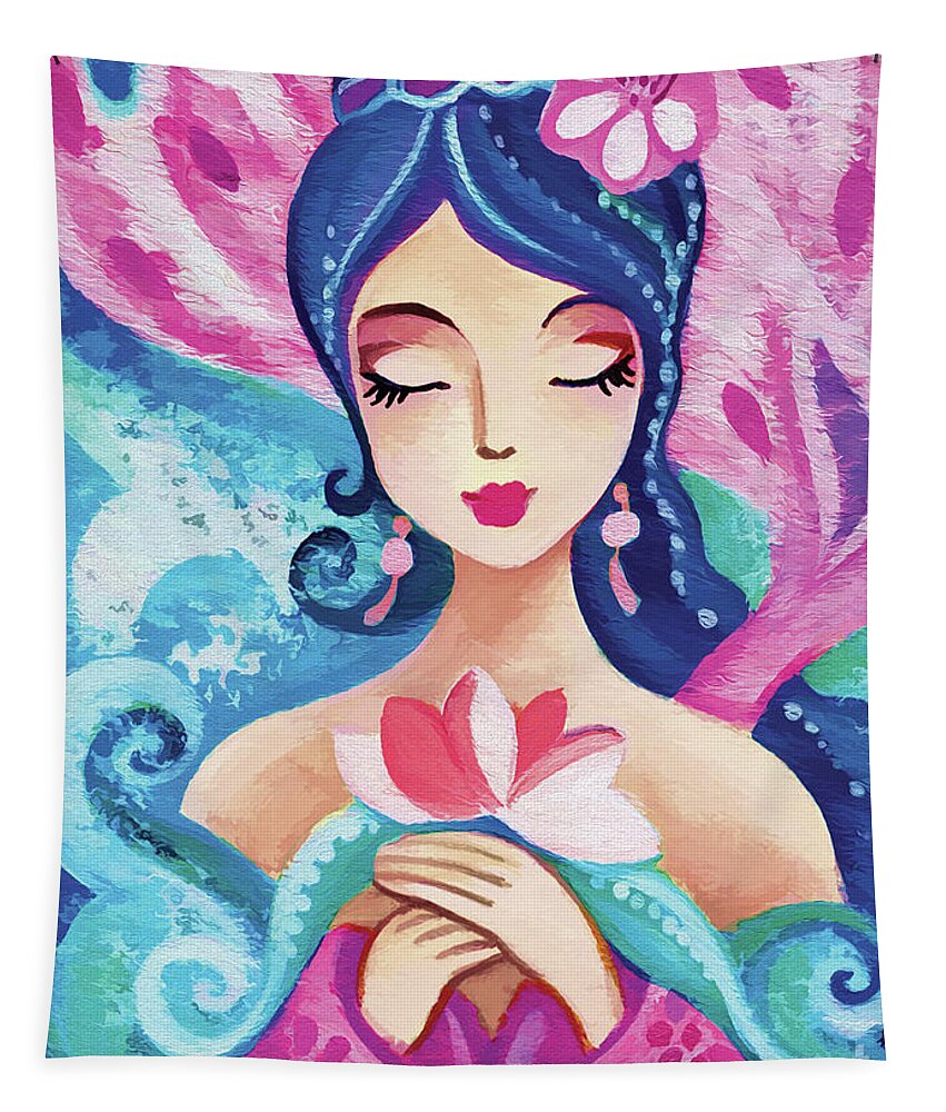 Sea Goddess Tapestry featuring the painting Little Quan Yin Mermaid by Eva Campbell