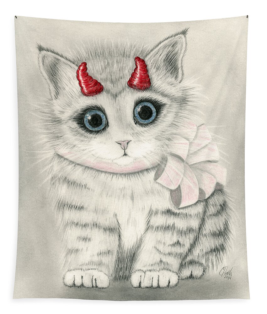 Cute Kitten Tapestry featuring the drawing Little Red Horns - Cute Devil Kitten by Carrie Hawks
