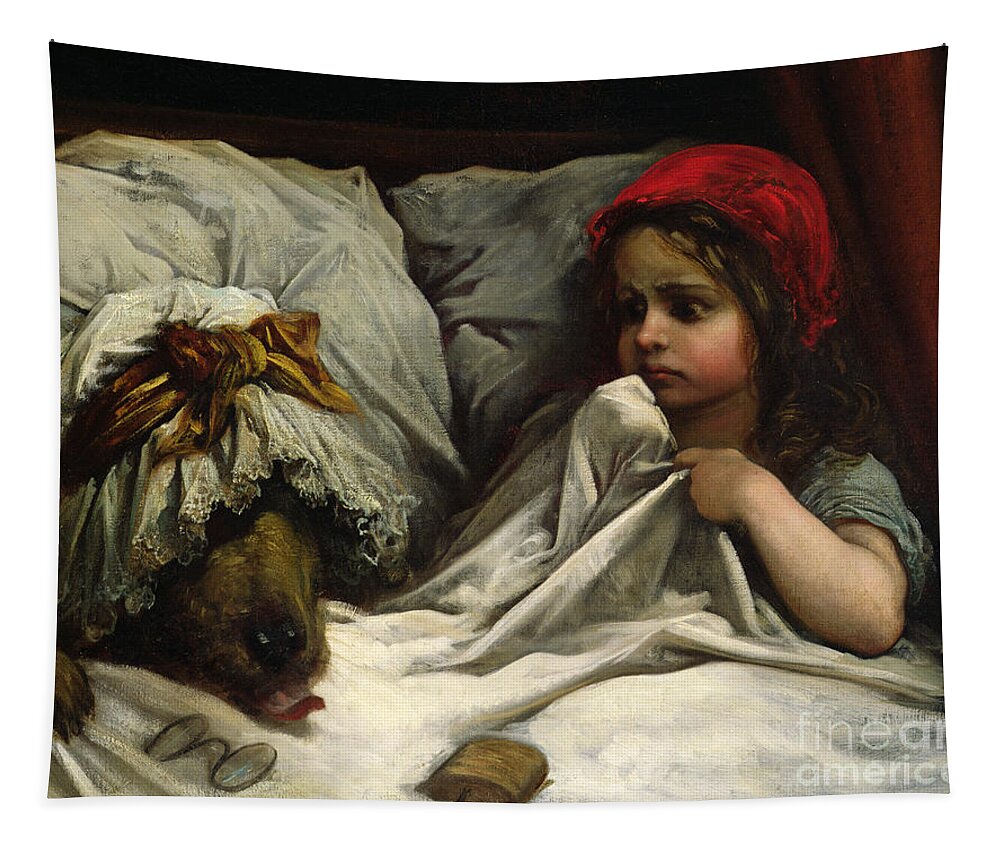 Wolf; Disguise; Child; Girl; Fairy Tale; Story; Glasses; Bed; Nightcap; Fear Tapestry featuring the painting Little Red Riding Hood by Gustave Dore