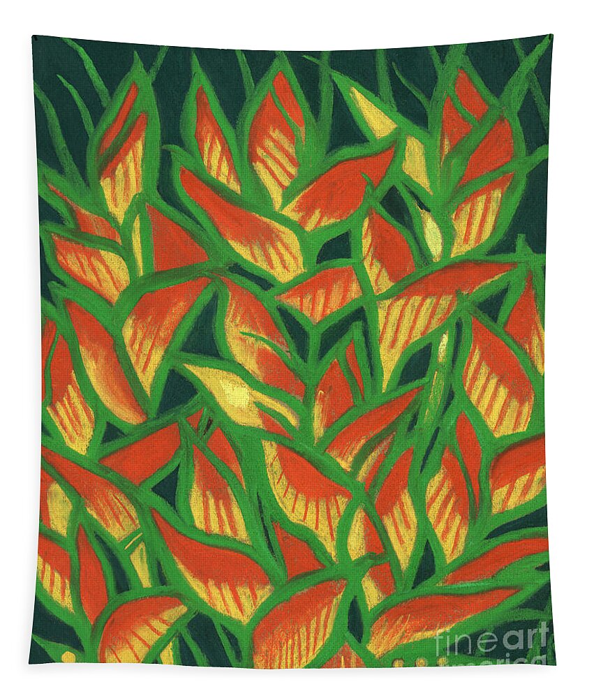 Clipsocallipso Tapestry featuring the painting Lobster Claw / Heliconia Rostrata, tropic flowers, green, yellow and orange by Julia Khoroshikh