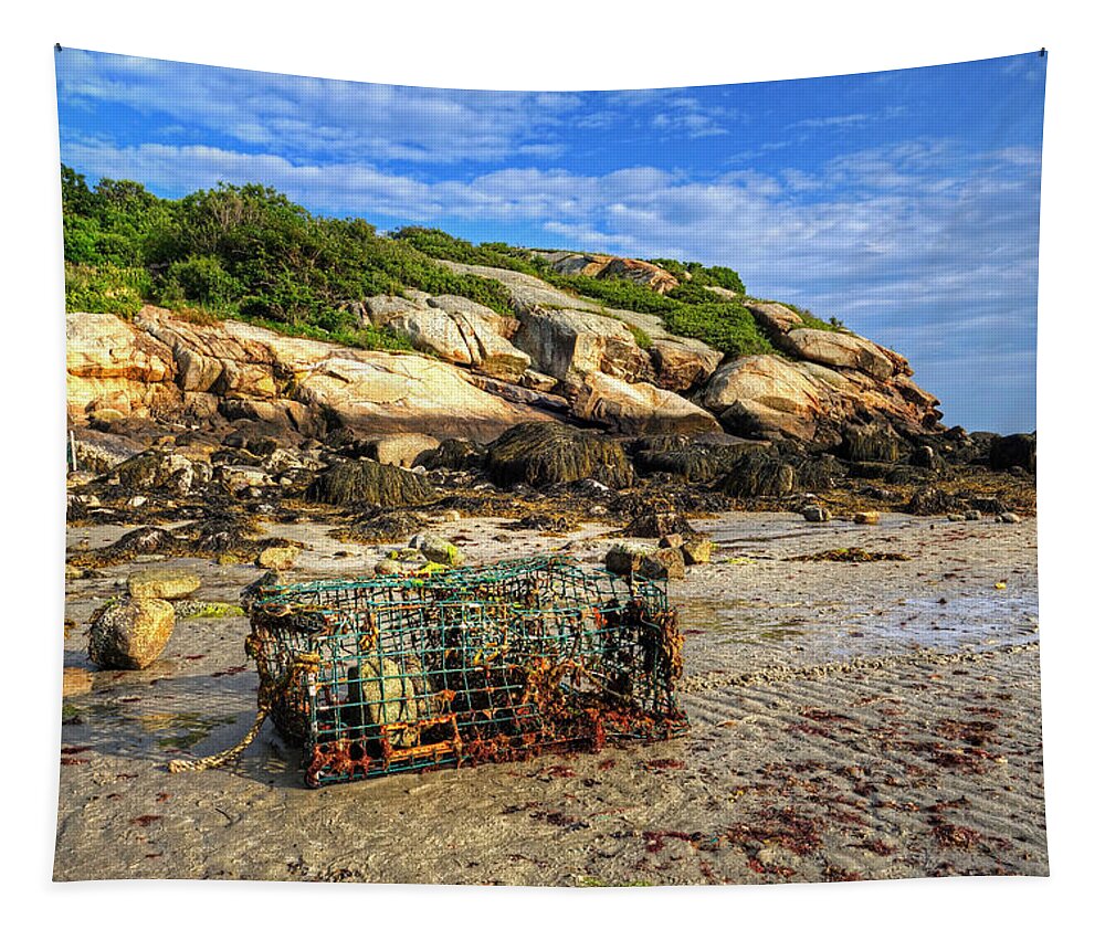 Gloucester Tapestry featuring the photograph Lobster Trap on Salt Island Good Harbor Beach Gloucester MA by Toby McGuire