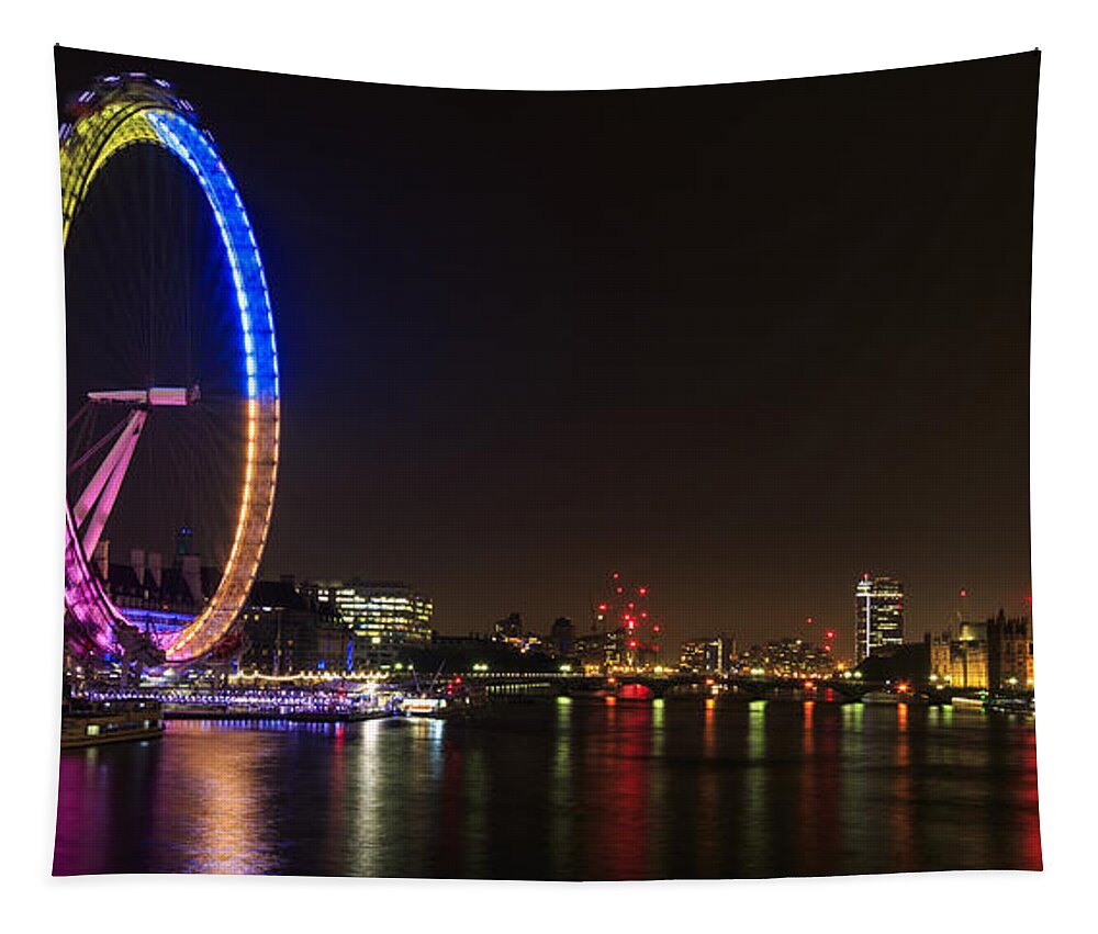 Architecture Tapestry featuring the photograph London eye at night - 2 by Chris Smith