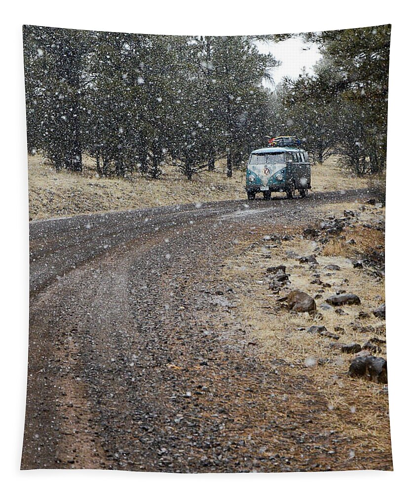 Bus Tapestry featuring the photograph Lone Bus On a Snowy Wooded Road by Richard Kimbrough