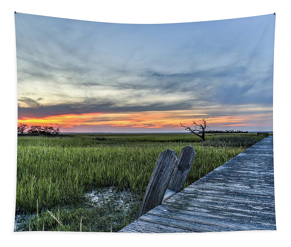 Dewees Island Tapestry featuring the photograph Lone Cedar Dock - Dewees Island SC by Donnie Whitaker