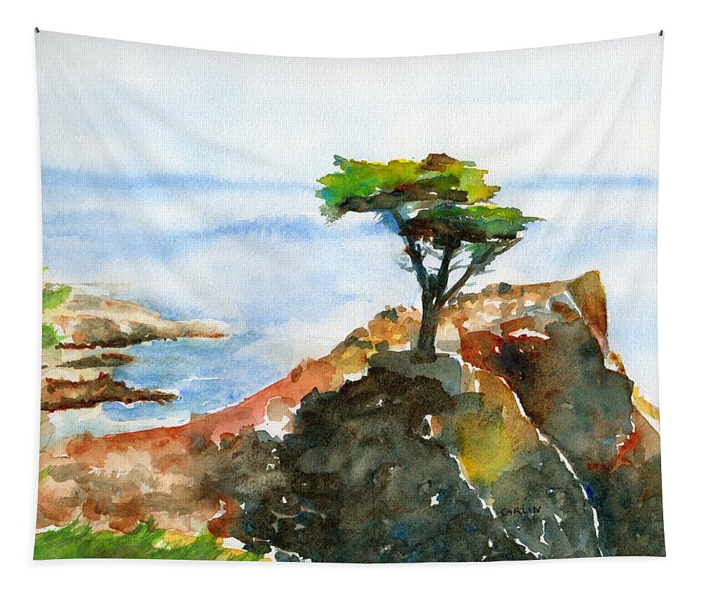Lone Cypress Tapestry featuring the painting Lone Cypress Pebble Beach Fog by Carlin Blahnik CarlinArtWatercolor