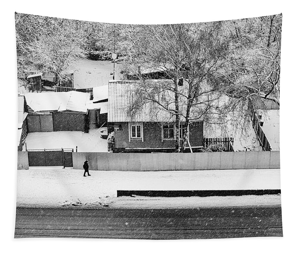 Lone Tapestry featuring the photograph Lone Walker and the Snow Fall Village by John Williams