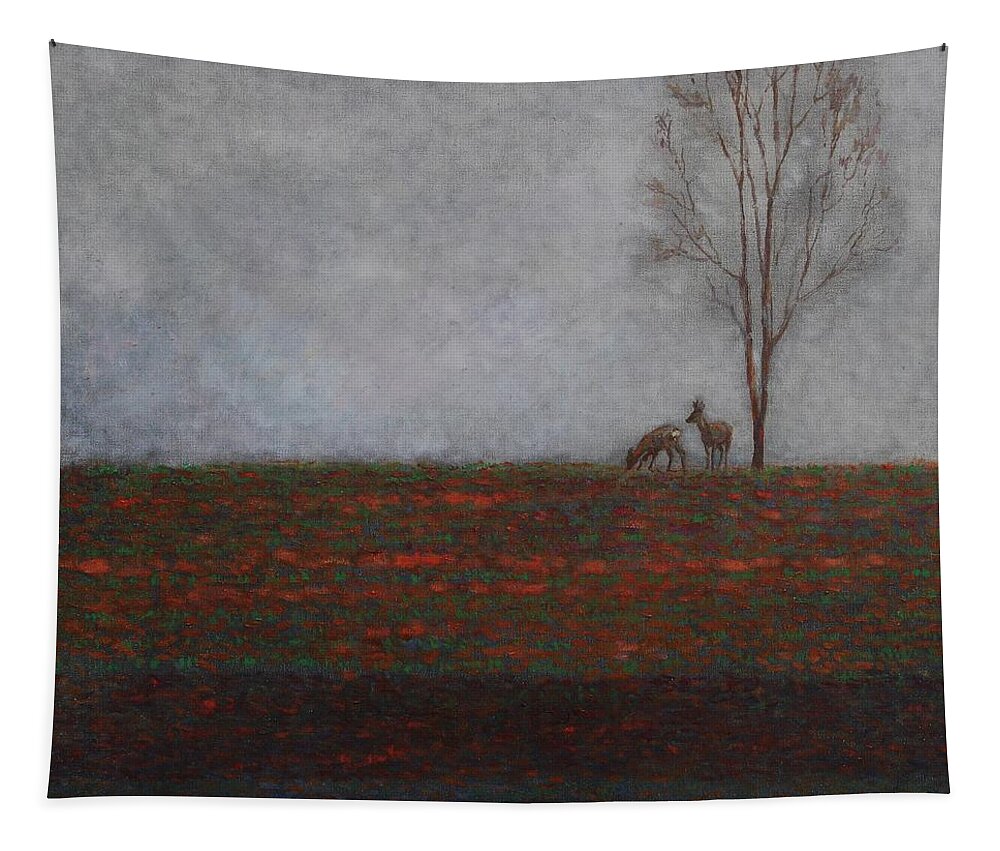 Landscape Tapestry featuring the painting Lonely Tree with two Roes by Attila Meszlenyi