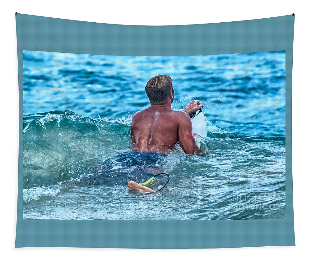 A Surfer Waits And Looks For The Next Wave To Ride. Tapestry featuring the photograph In The Lineup by Eye Olating Images