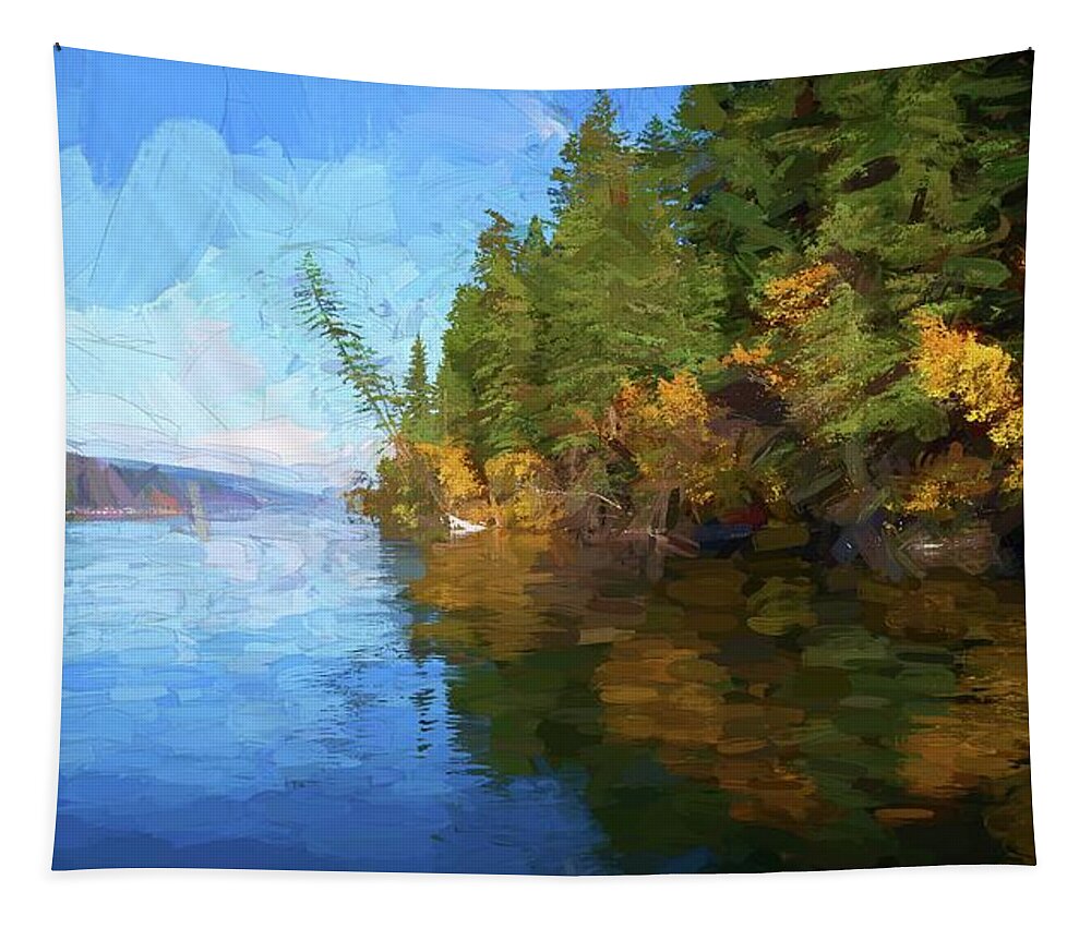Photopainting Tapestry featuring the photograph Loon Lake Autumn Oil Painting by Allan Van Gasbeck