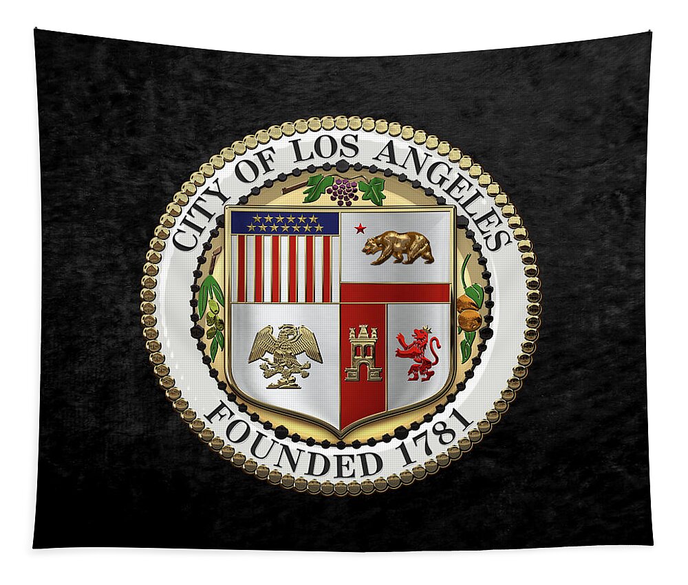 'cities Of The World' Collection By Serge Averbukh Tapestry featuring the digital art Los Angeles City Seal over Black Velvet by Serge Averbukh