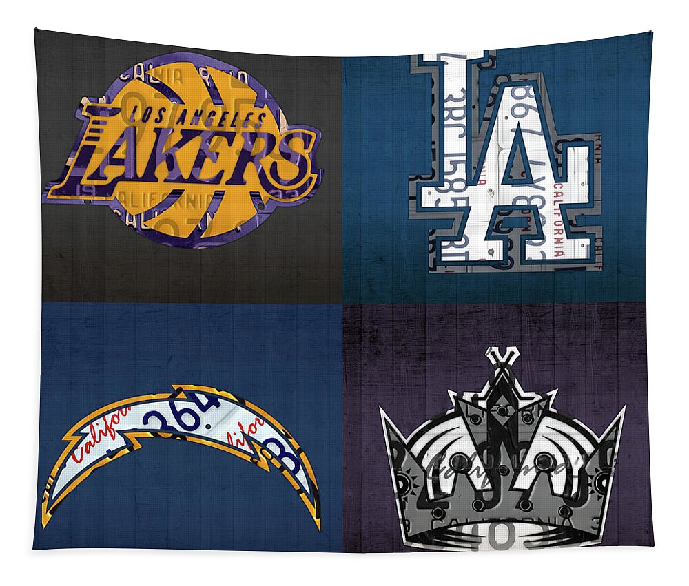 Los Angeles Tapestry featuring the mixed media Los Angeles License Plate Art Sports Design Lakers Dodgers Chargers Kings by Design Turnpike