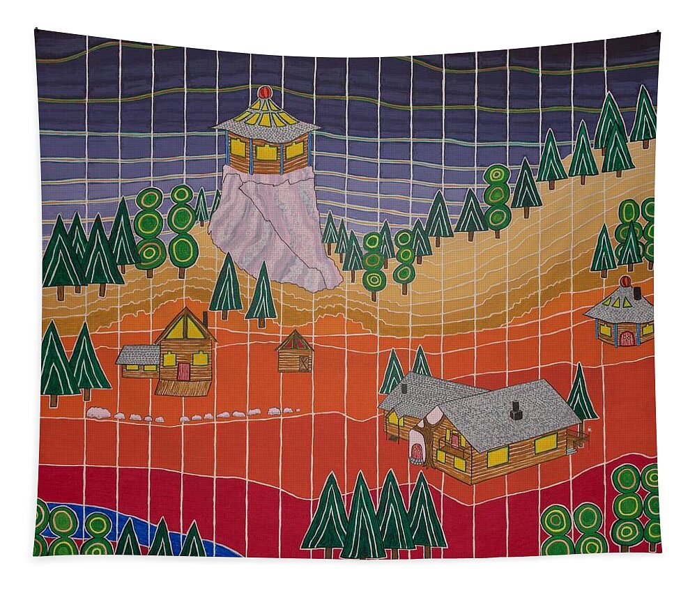 3d Tapestry featuring the painting Lost Creek Lodge with Sun Temple by Jesse Jackson Brown