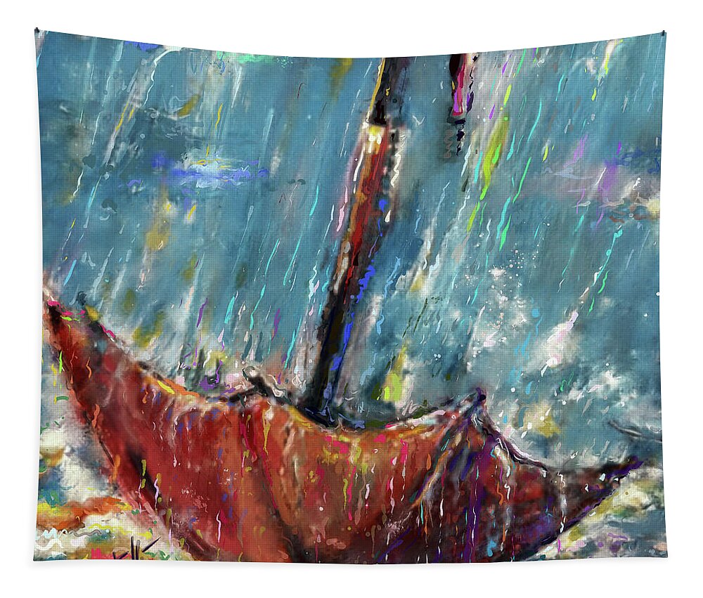 Rain Tapestry featuring the painting Lost umbrella, rain by Mark Tonelli