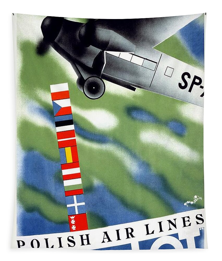 Lot Tapestry featuring the mixed media LOT Polish Airlines, Poland - Flags Of The Countries - Retro travel Poster - Vintage Poster by Studio Grafiikka