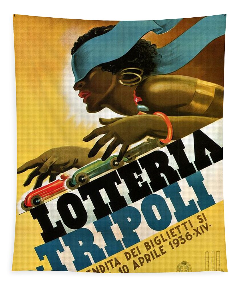 Tripoli Tapestry featuring the mixed media Lotteria Di Tripoli - Vintage Italian Advertising Poster for Lottery by Studio Grafiikka