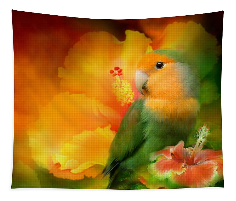 Lovebird Tapestry featuring the mixed media Love Among The Hibiscus by Carol Cavalaris