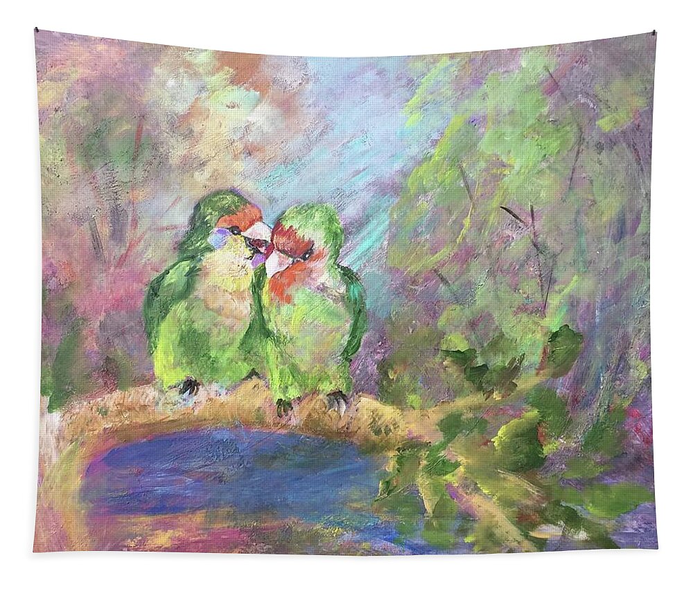 Two Little Lovebirds In A Forest. Tapestry featuring the painting Love Birds by Charme Curtin