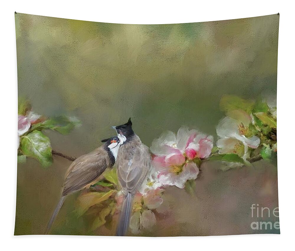 Red-whiskered Bulbuls Tapestry featuring the mixed media Love Couple by Eva Lechner